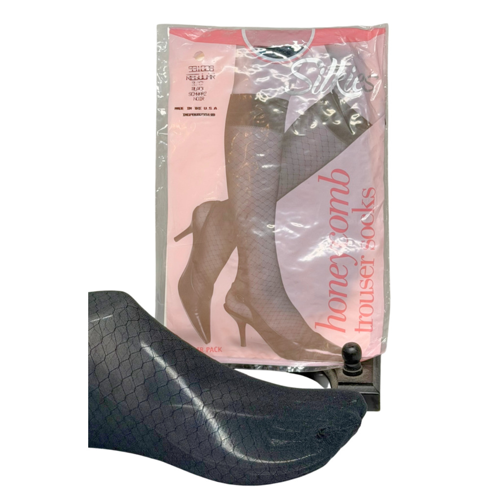 Hanes Silkies Honeycomb Trouser Socks Nylon Knee-Hi's Sheer Black 2 Prs OS New